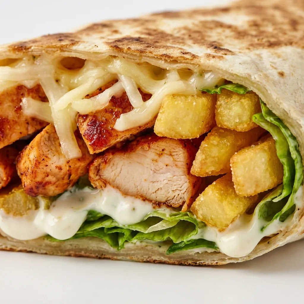 A wrap loaded with chicken, fries, cheese and lettuce