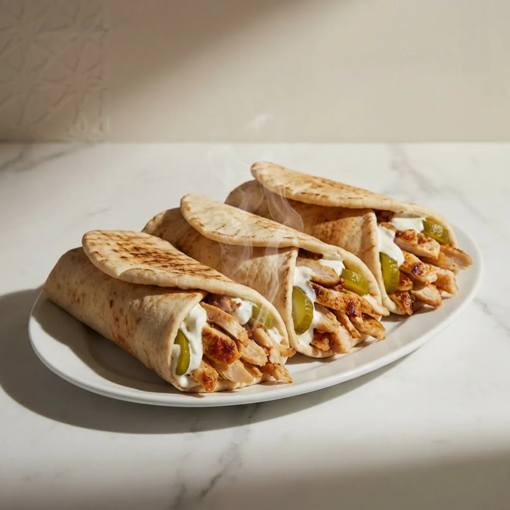 Three tawa rolls with chicken, pickles and garlic sauce on a white plate