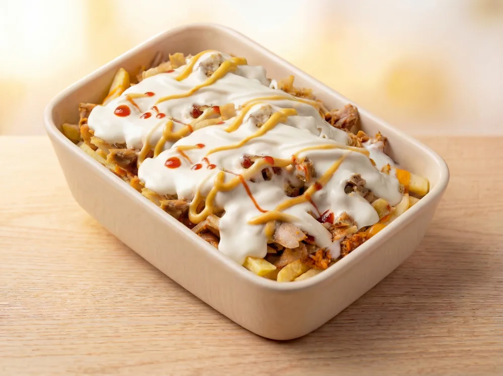 Chicken on Stixx: fries loaded with shawarma chicken, garlic mayo and three sauces