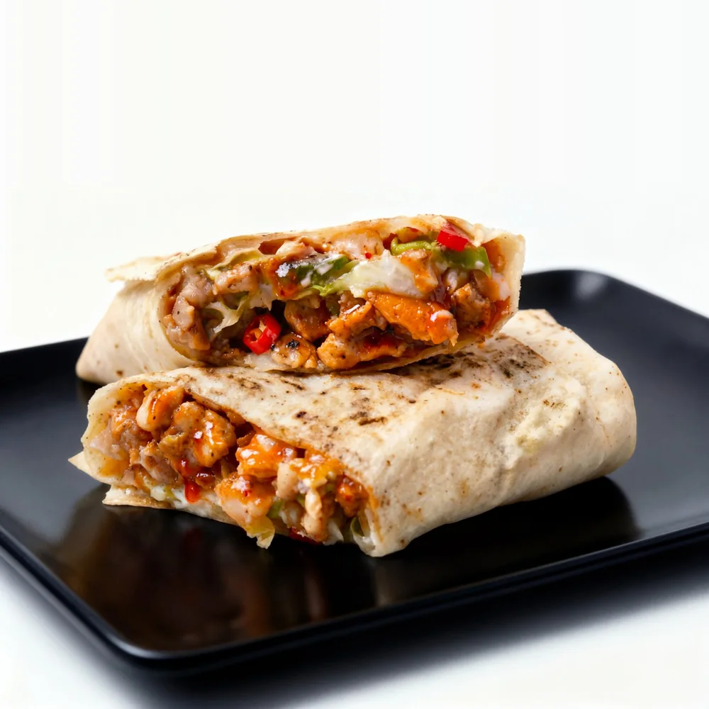 A rolled wrap cut in half on a black plate