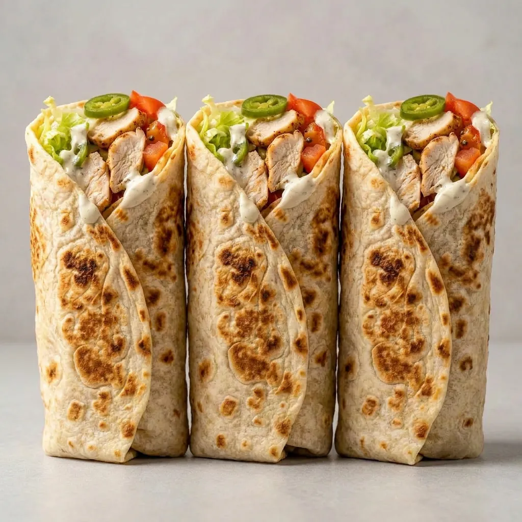 Three shawarma wraps standing in a row