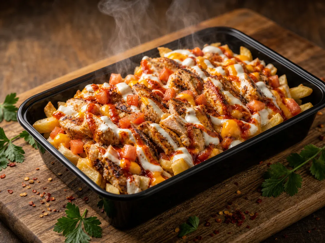 Chicken on Stixx loaded fries with three sauces