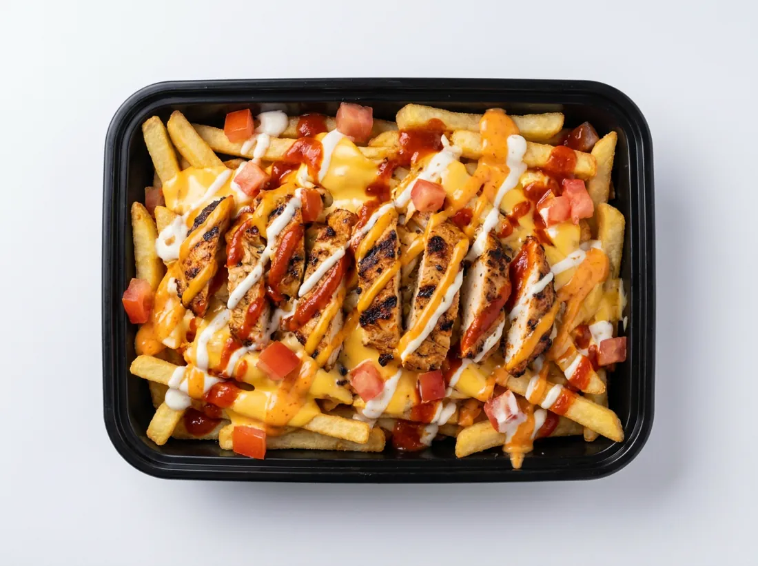 Loaded fries with sauces, seen from above
