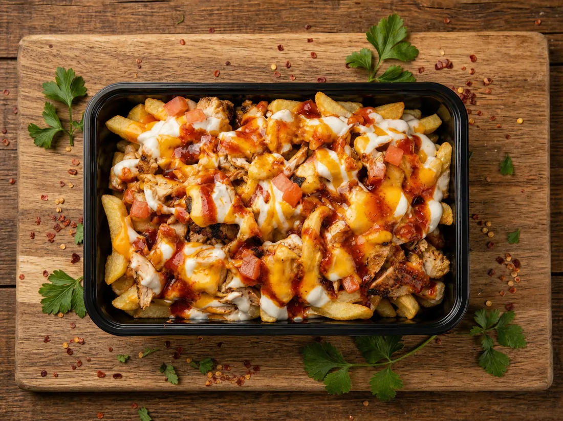 Loaded Stixx fries on a wooden board