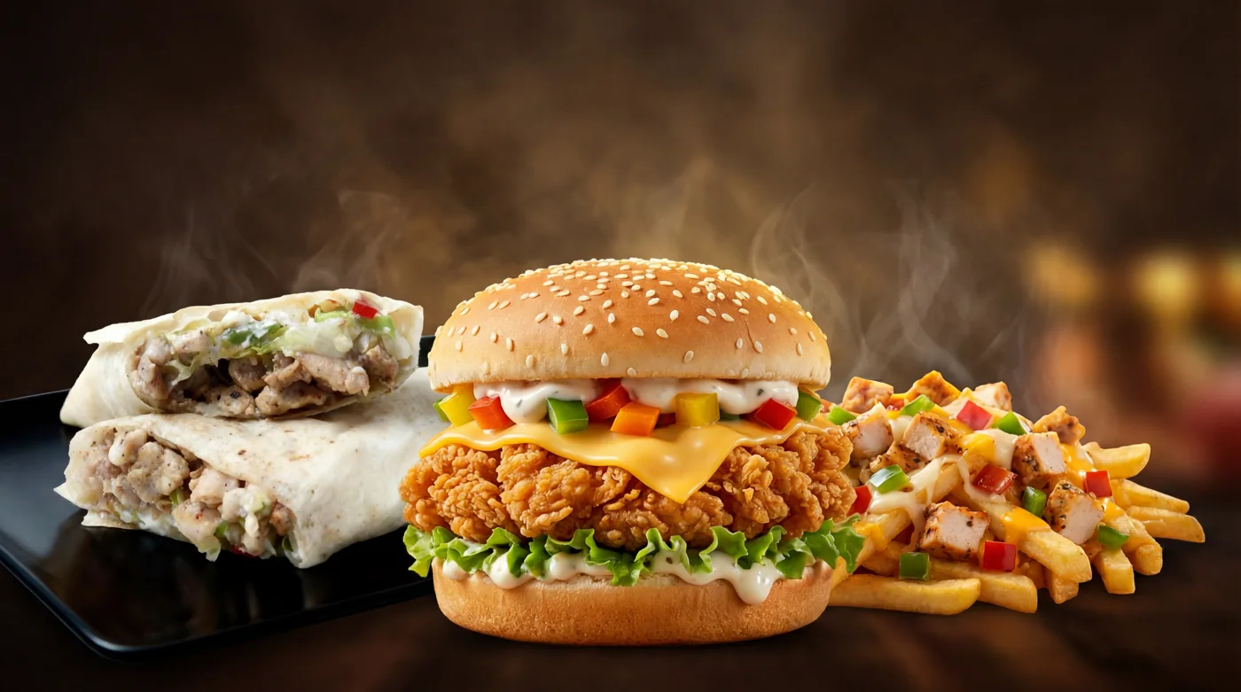 Lord Of Wraps shawarma roll, crispy zinger burger and loaded fries, fresh and steaming