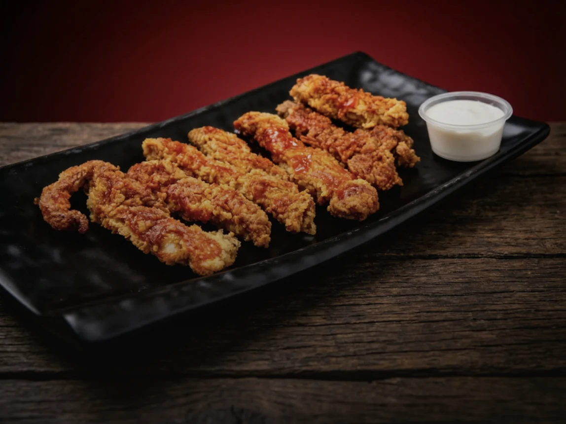 Crispy chicken strips on a black plate with a garlic mayo dip